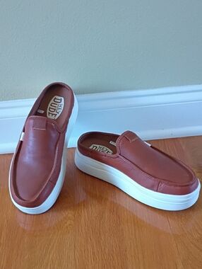 Hey Dude Women's Slip-On Loafers in Chestnut Brown with White Platform